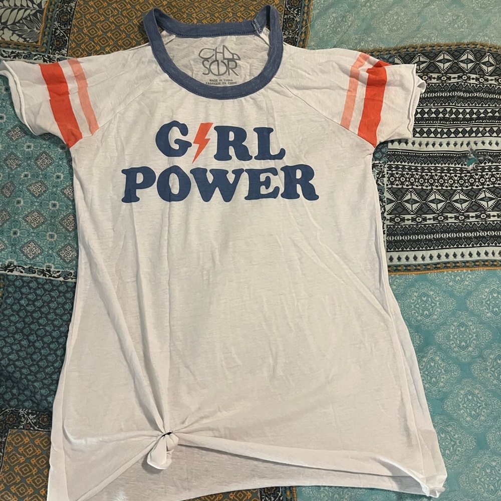 Chaser White Tee with Blue Print and Orange Stripes